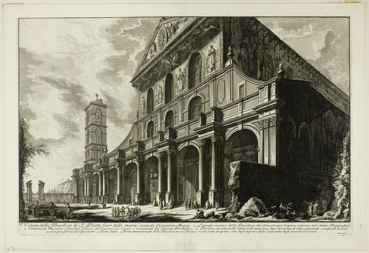 Utsikt över basilikan S. Paolo fuori delle Mura [St. Paul utanför murarna], byggd av Konstantin den store, från utsikt över Rom av Giovanni Battista Piranesi