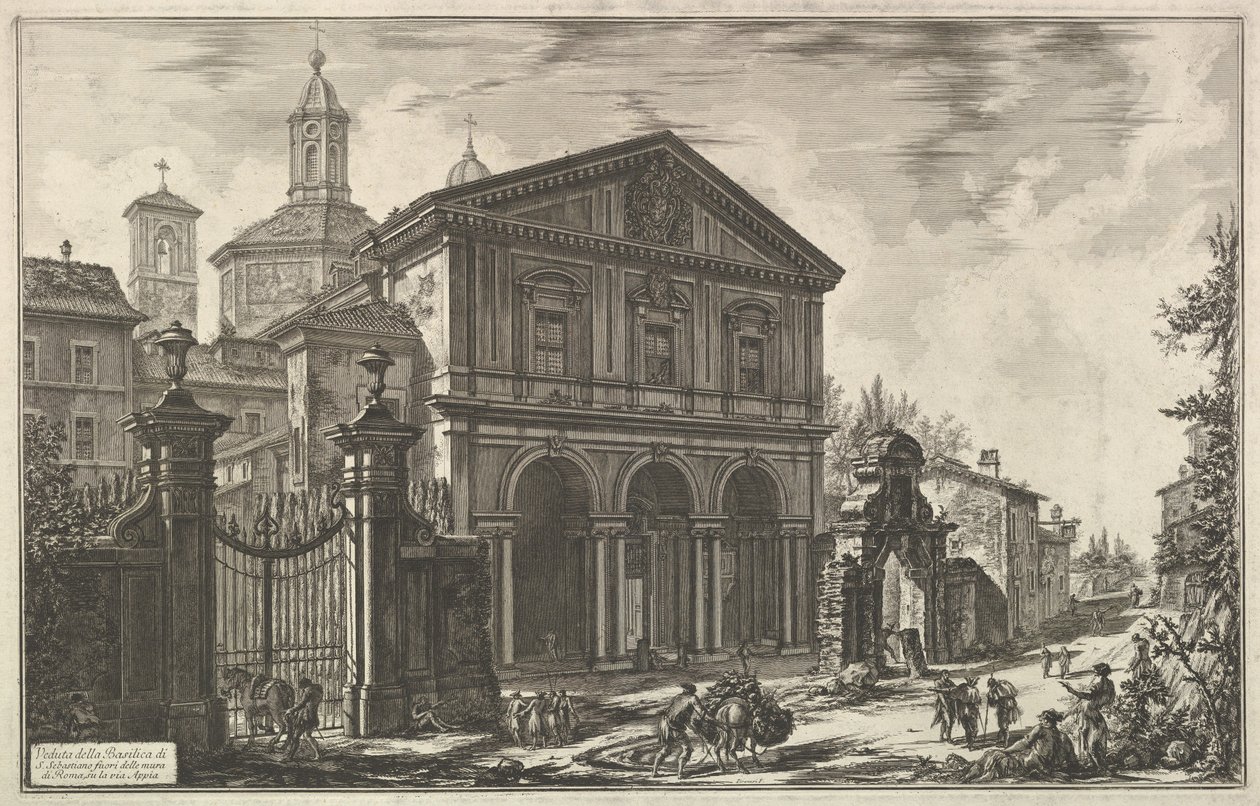Vy över basilikan San Sebastiano fuori delle mura [Sankt Sebastian utanför murarna] vid Via Appia, ur Vedute di Roma (Romerska vyer) av Giovanni Battista Piranesi