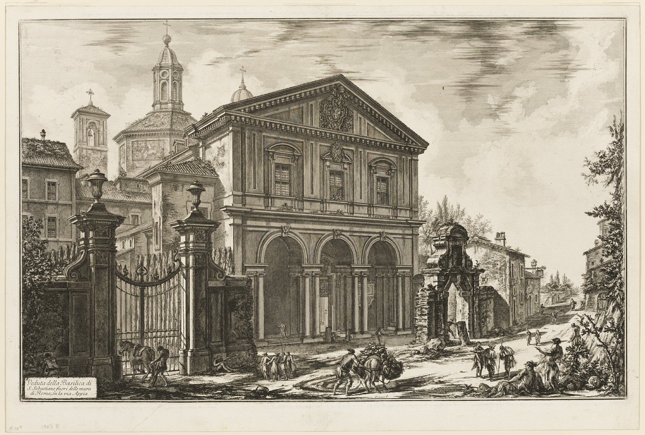 Utsikt över basilikan San Sebastiano fuori delle mura [St. Sebastian utanför murarna] på Appian Way, från Views of Rome av Giovanni Battista Piranesi