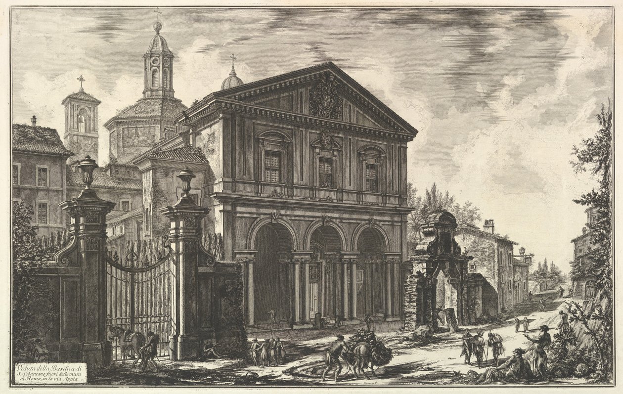 Vy över basilikan San Sebastiano fuori delle mura [Sankt Sebastian utanför murarna] vid Via Appia, ur Vedute di Roma (Romerska vyer) av Giovanni Battista Piranesi