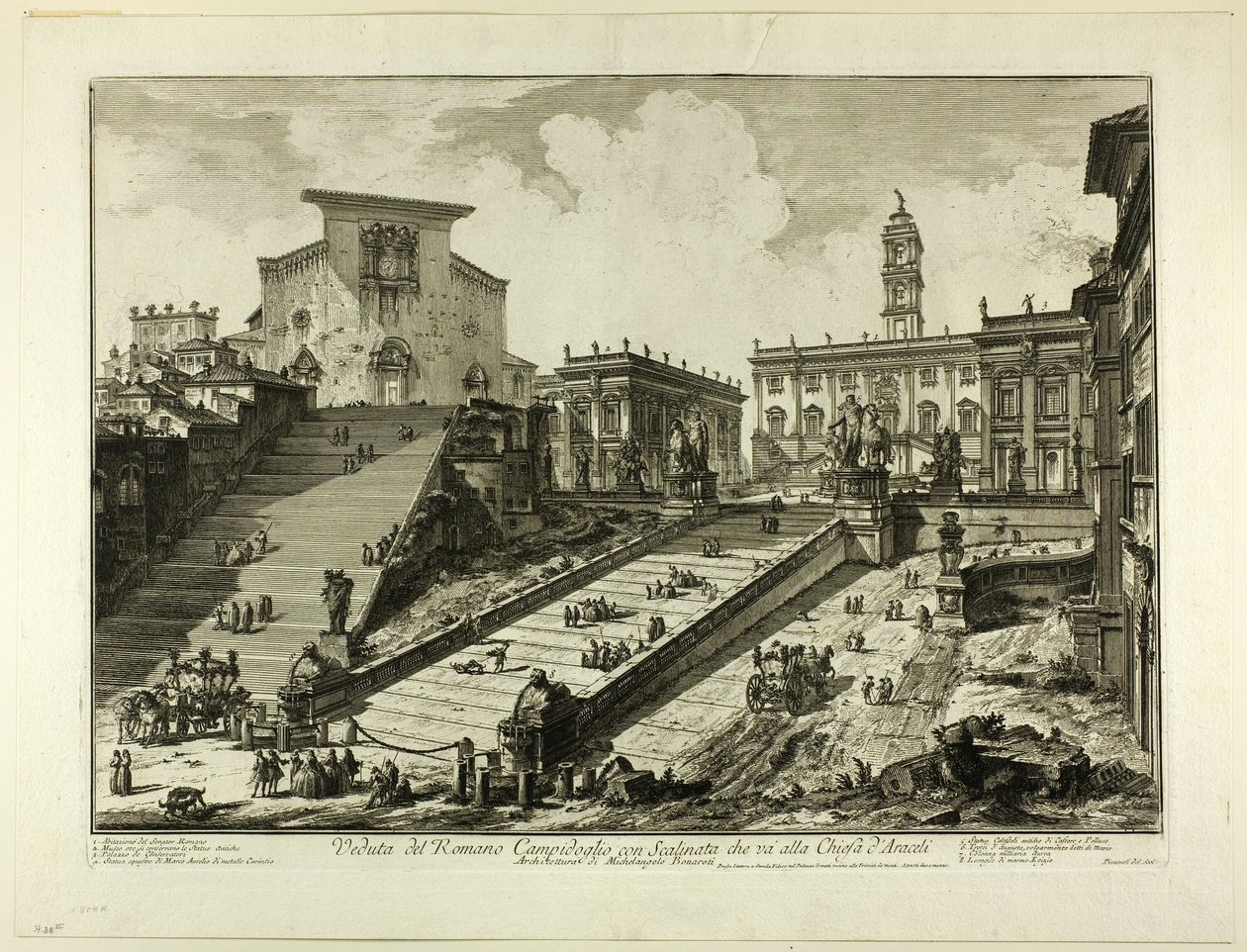Utsikt över Capitoline Hill med trappstegen till kyrkan S. Maria i Aracoeli, från utsikt över Rom av Giovanni Battista Piranesi