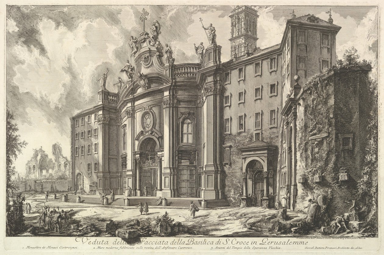 Utsikt över fasaden av basilikan S. Croce i Gerusalemme [det heliga korset i Jerus..., ca. 1750. av Giovanni Battista Piranesi