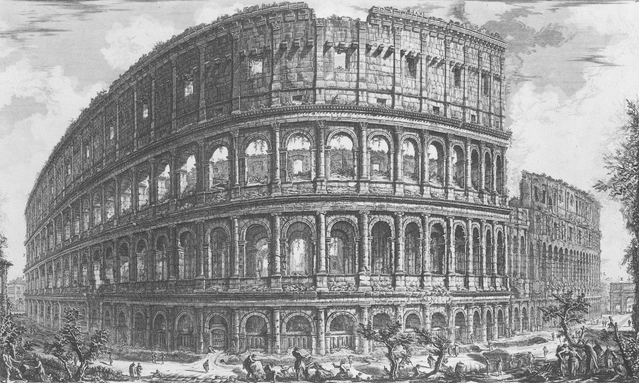 Utsikt över den flaviska amfiteatern, känd som Colosseum från "Vedute", publicerad först 1756, pub. av E & F.N. Spon Ltd. av Giovanni Battista Piranesi