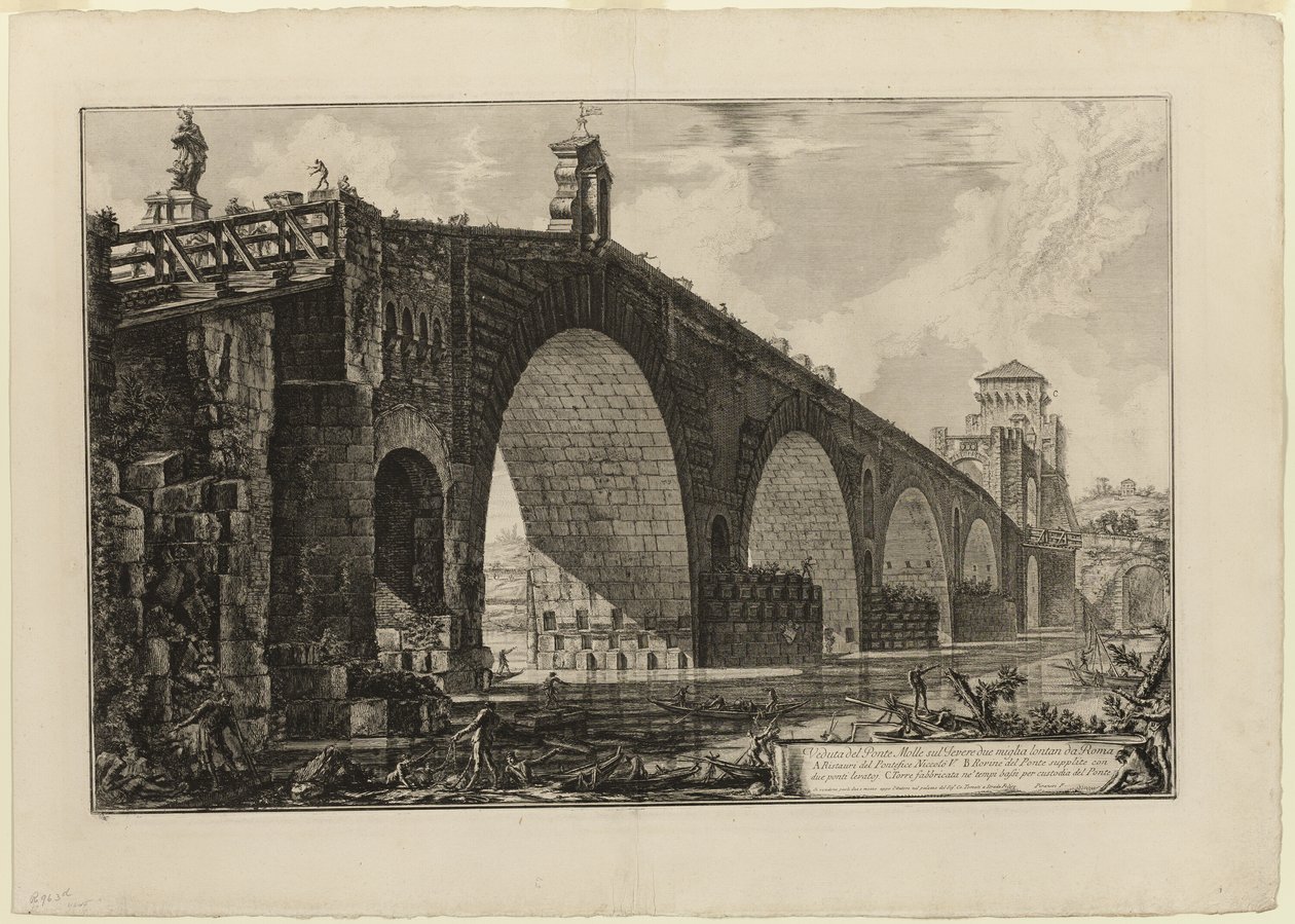 Utsikt över Ponte Molle [eller Milvian Bridge] över Tibern två miles utanför Rom, från Views of Rome av Giovanni Battista Piranesi
