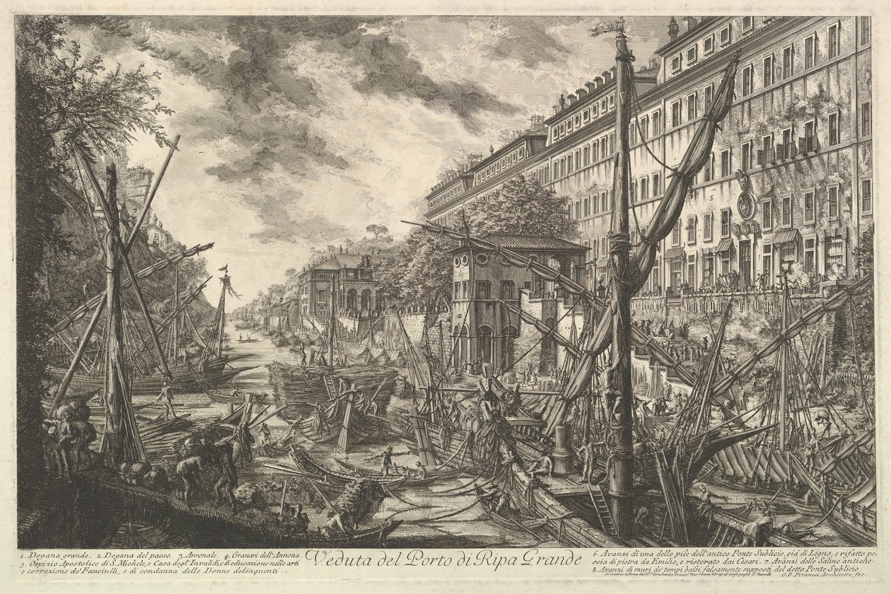 Utsikt över hamnen i Ripa Grande, från Vedute di Roma Roman Views, ca. 1753. av Giovanni Battista Piranesi