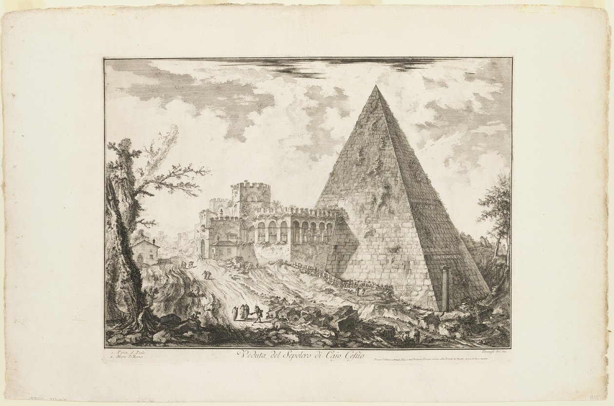Utsikt över Cestius pyramidalgrav, från utsikt över Rom av Giovanni Battista Piranesi