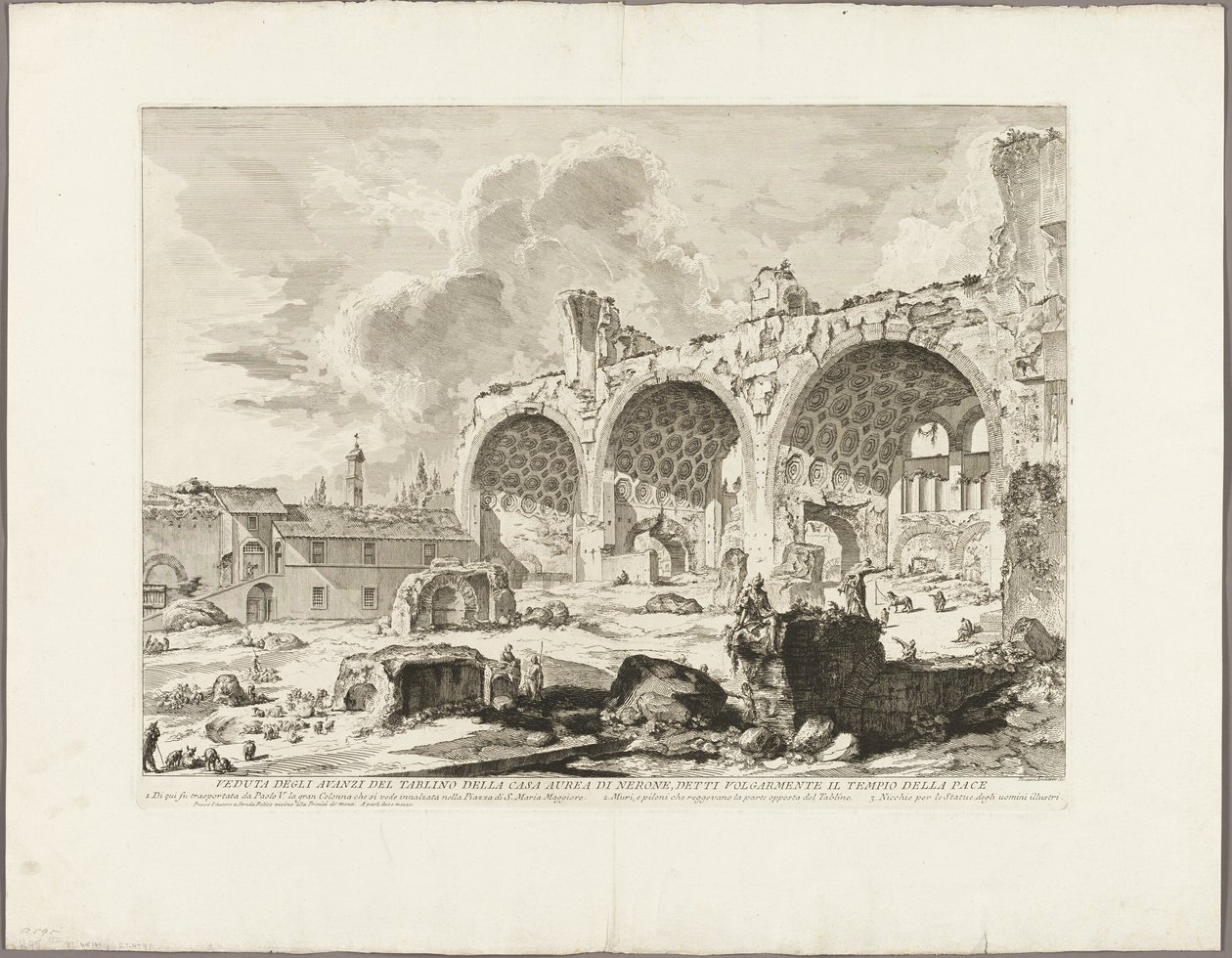 Utsikt över resterna av matsalen i Neros gyllene hus, vanligen kallat Fredens tempel, från utsikt över Rom av Giovanni Battista Piranesi