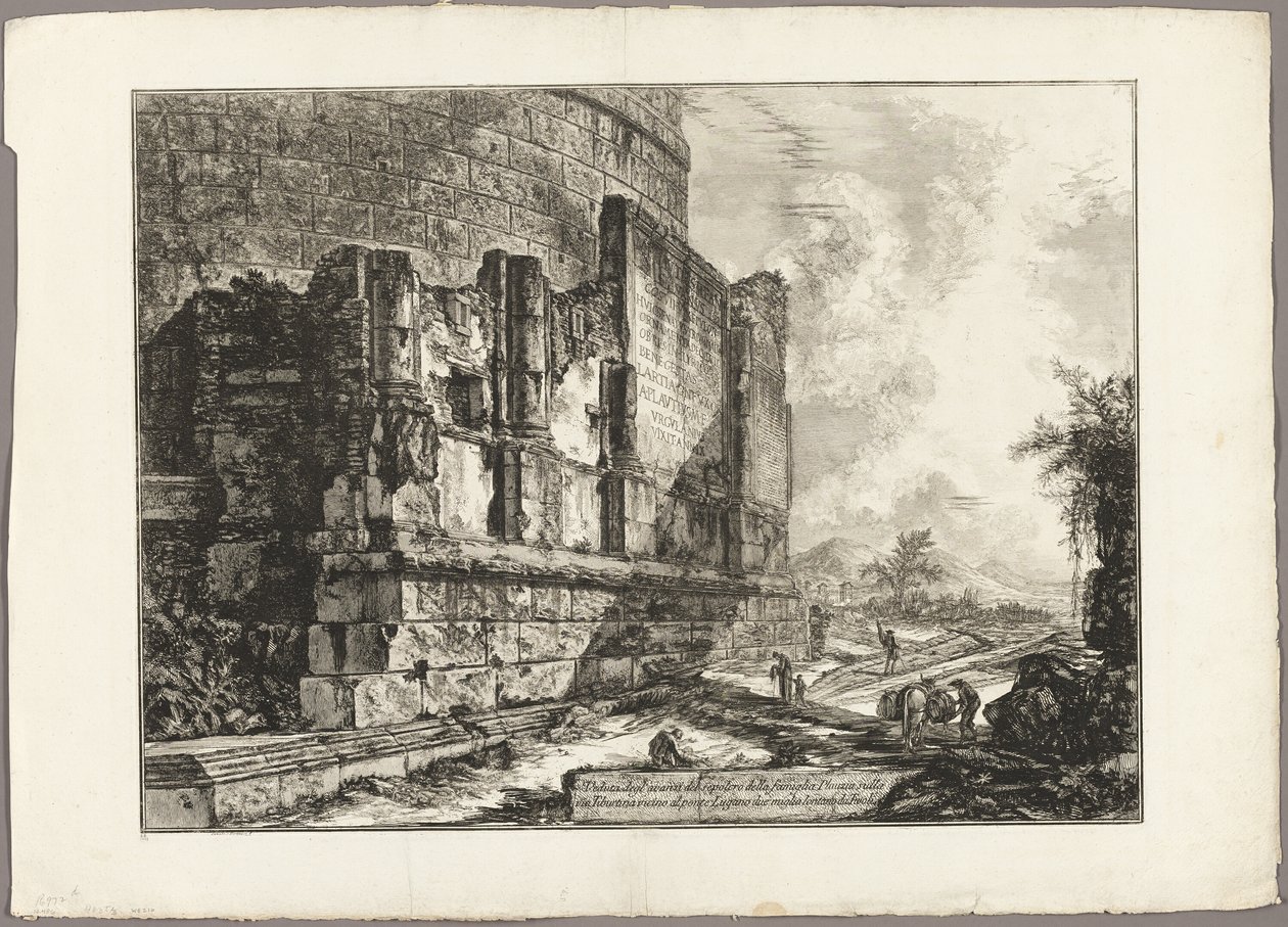 Utsikt över resterna av Plautiis grav på Via Tiburtina, nära Ponte Lugano, två mil bort från Tivoli, från utsikt över Rom av Giovanni Battista Piranesi
