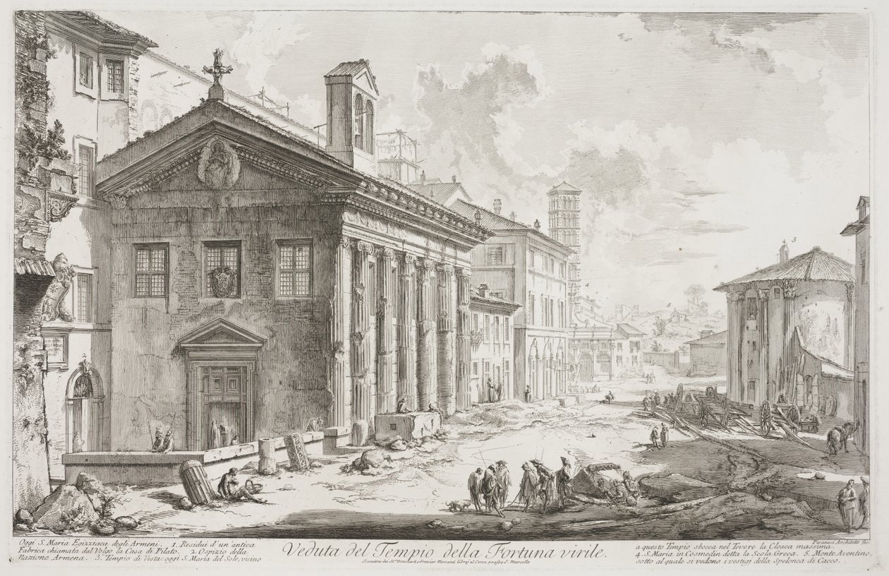Utsikt över Temple of Fortuna Virilis, nu den armeniska kyrkan S. Maria Egiziaca, ca 1760-78 (etsning) av Giovanni Battista Piranesi