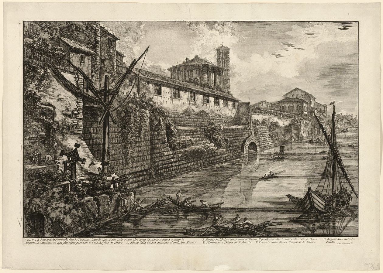 Utsikt över den antika strukturen byggd av Tarquinius Superbus kallad Bel Lido, och som andra, byggd av Marcus Agrippa på Augustus tid när han rensade alla avlopp som leder till Tibern, från utsikt över Rom av Giovanni Battista Piranesi