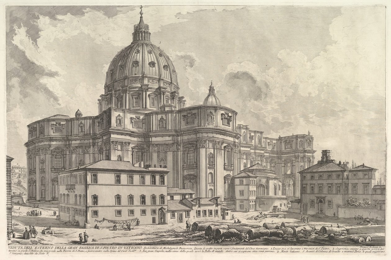 Vy över utsidan av Peterskyrkan i Vatikanen, från Vedute di Roma Roma..., ca. 1748. av Giovanni Battista Piranesi