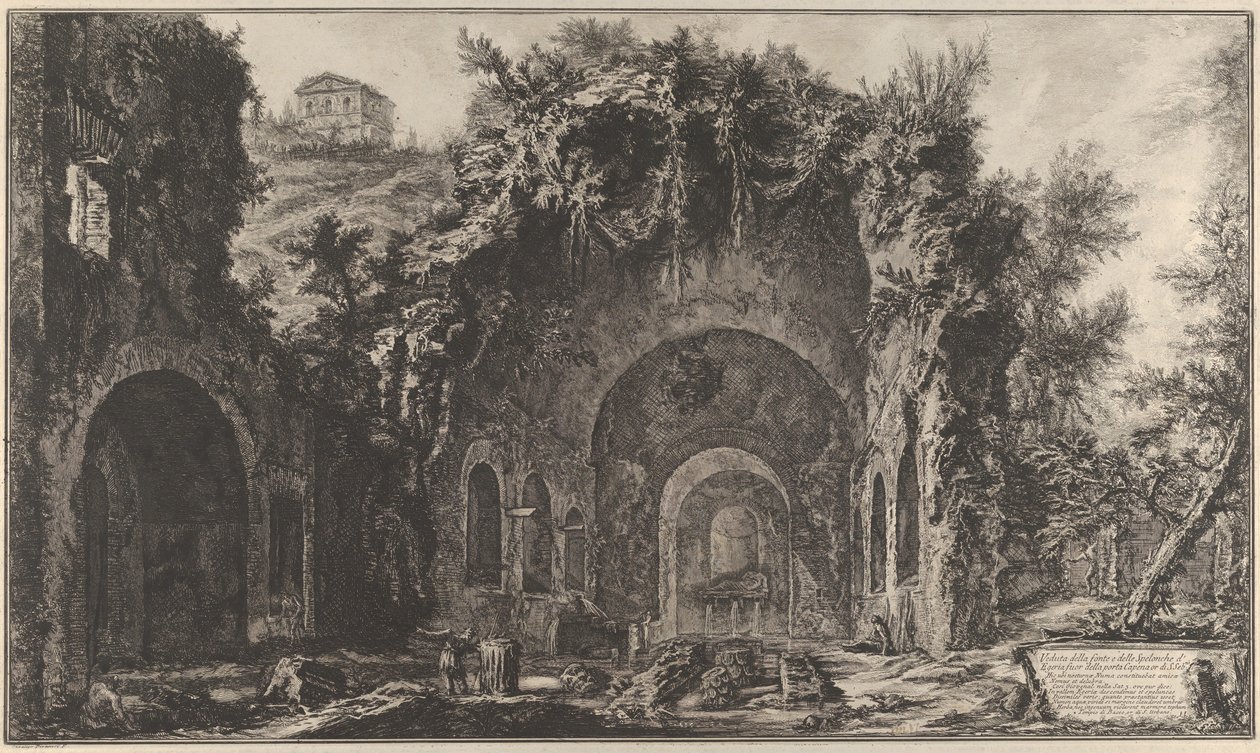 Utsikt över fontänhuvudet och Egirias grotta utanför Porta Capena, 1760-78. av Giovanni Battista Piranesi