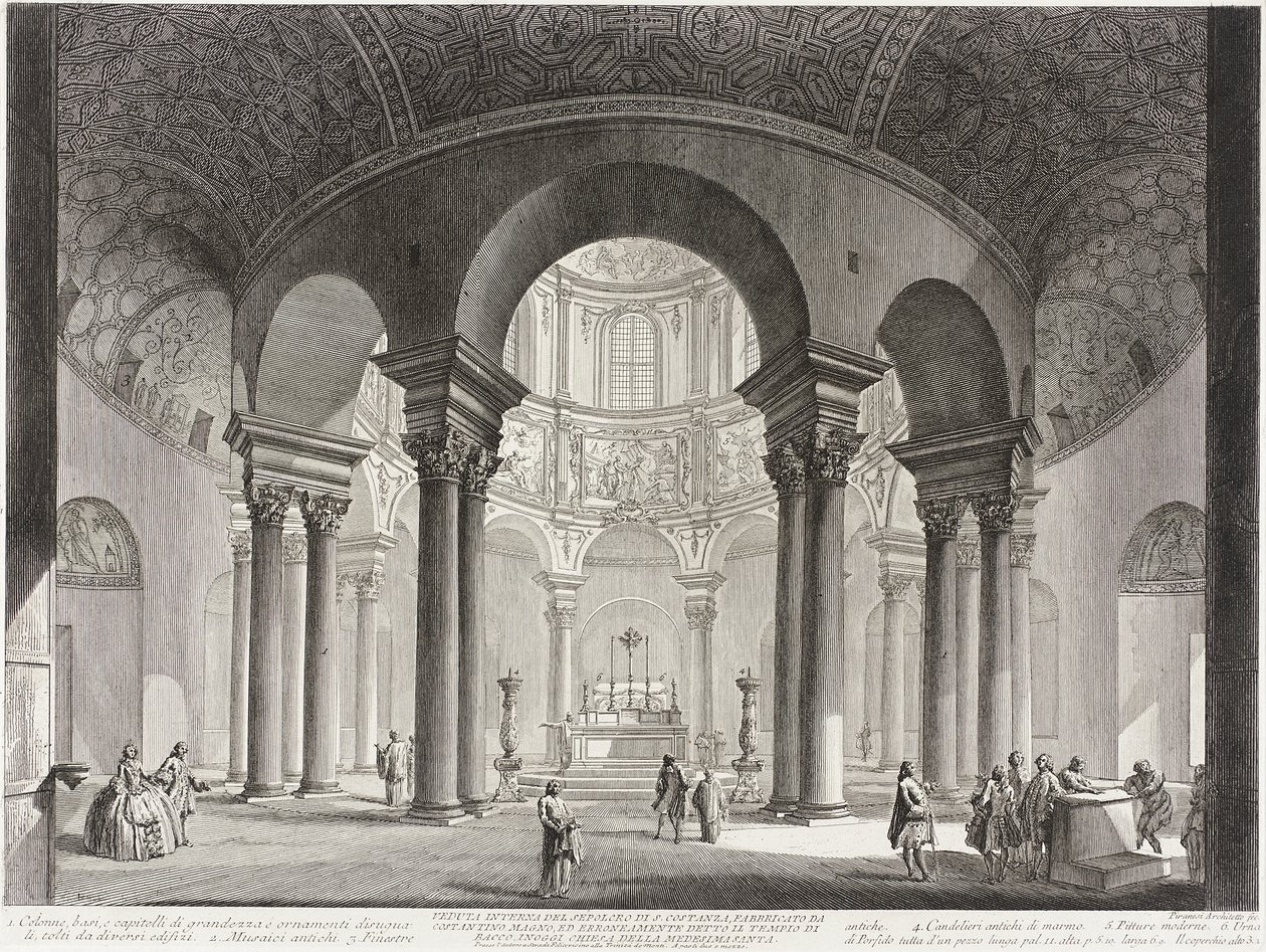 Vy över interiören i den heliga Costanzas grav, uppförd av Konstantin den store och felaktigt kallad Bacchus tempel, nu den heliga Costanzas kyrka. av Giovanni Battista Piranesi