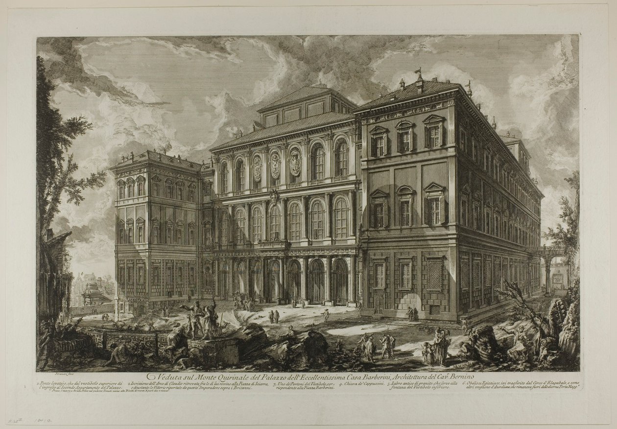 Utsikt över den berömda Barberini-familjens palats på Quirinal Hill, designad av Cavaliere Bernini, från Views of Rome av Giovanni Battista Piranesi