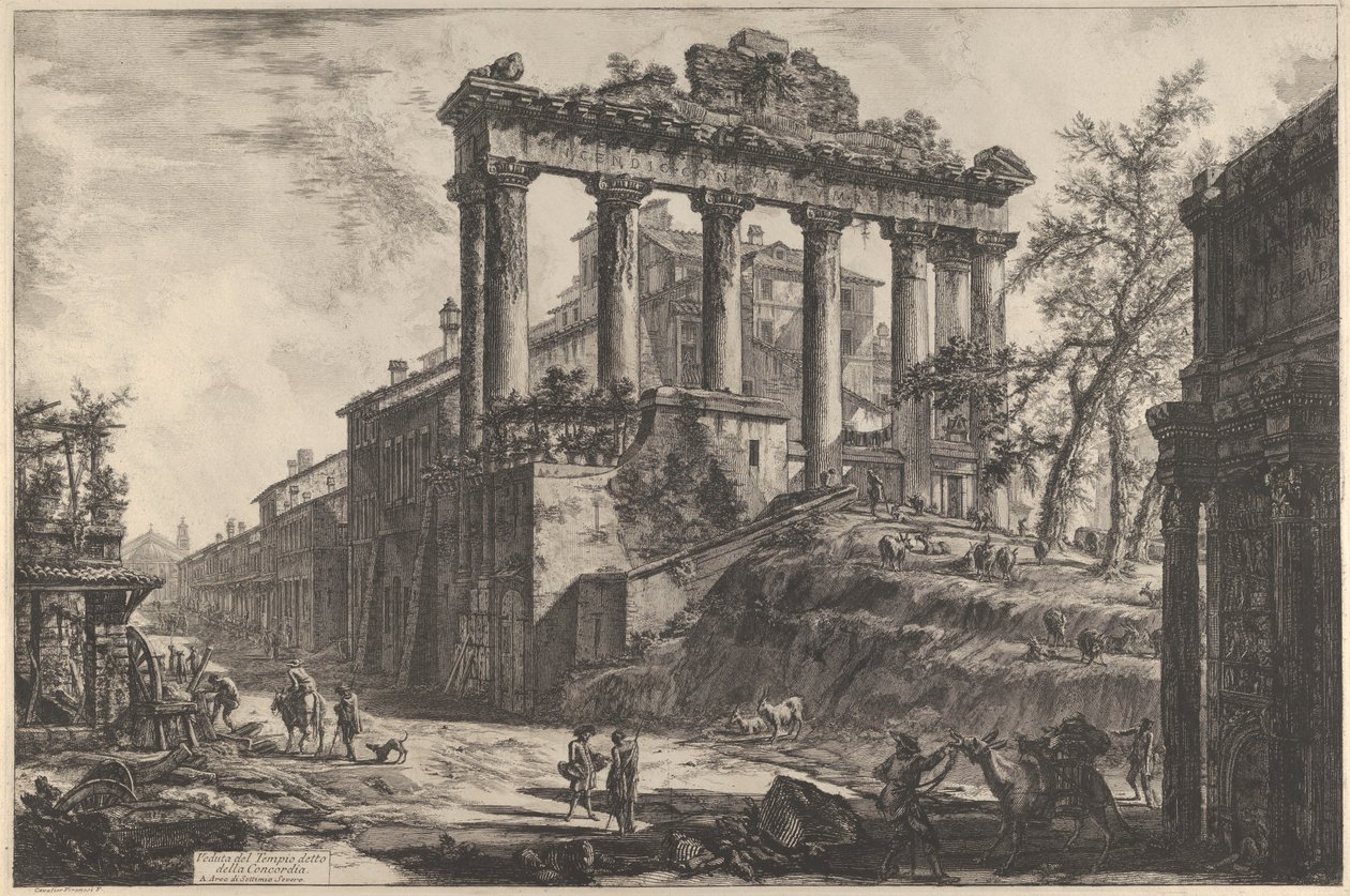 Vy över det så kallade Concordiatemplet med Saturnustemplet, till höger Septimius Severus-bågen av Giovanni Battista Piranesi