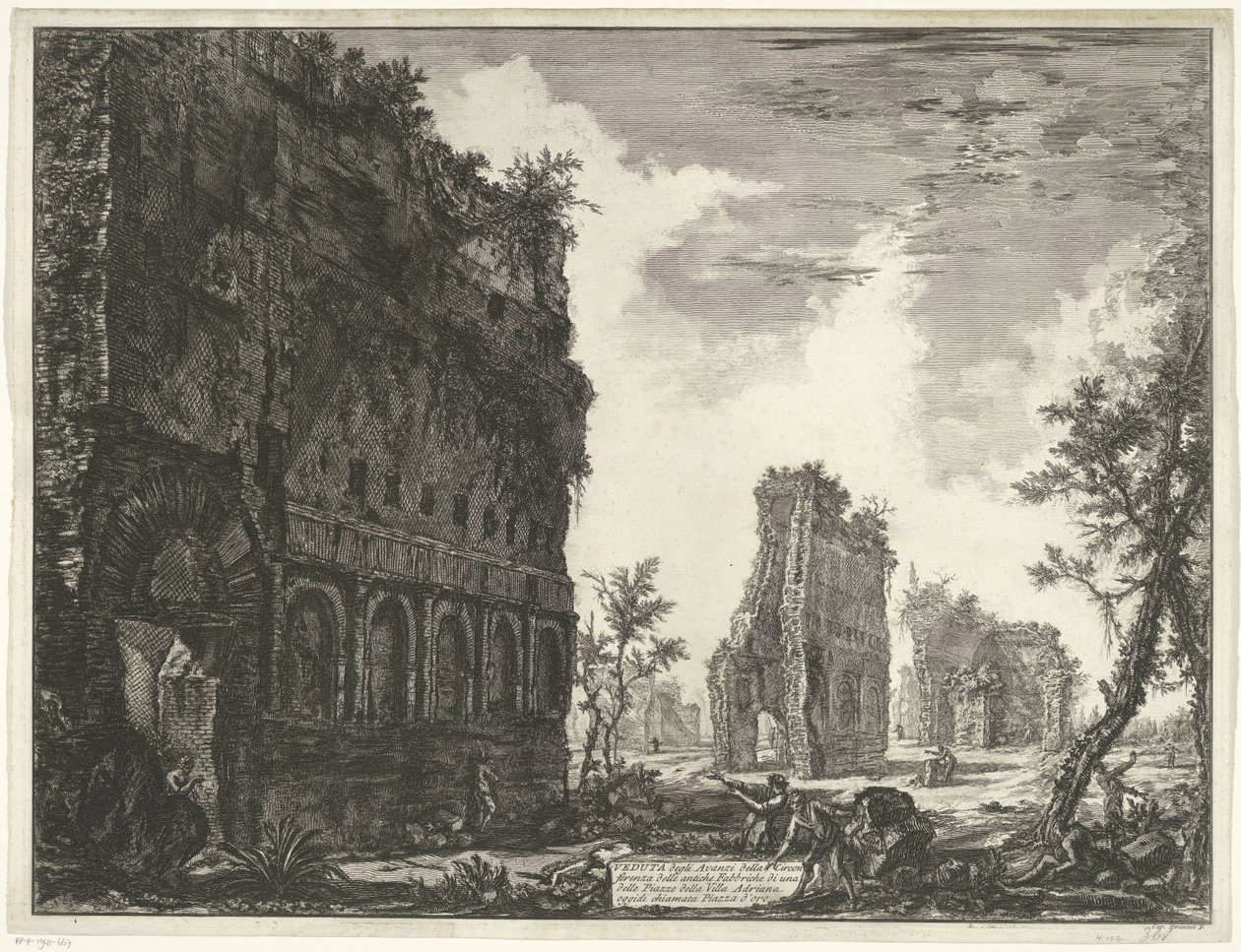 Villa Adriana t och Tivoli Utsikt över resterna av omkretsen av de gamla fabrikerna på en av torgen i Villa Adriana (titel på objektet) Gezichten op Rome (serietitel) Utsikt över Rom designad och graverad av Giambattista Piranesi-arkitekten Ve ( av Giovanni Battista Piranesi