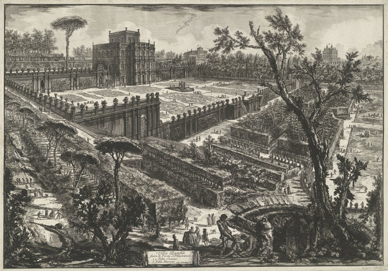 Villa Doria Pamphili te Rom Villa Panfili utanför Porta S. Pancrazio (titel på objekt) Gezichten op Rome (serietitel) Utsikt över Rom designad och graverad av Giambattista Piranesi-arkitekten Ve (nez) iano (serietitel) av Giovanni Battista Piranesi