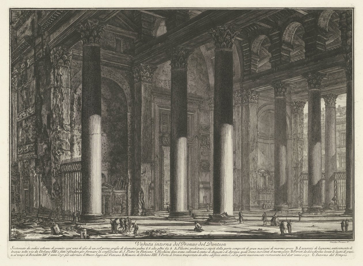 Förportaal av Pantheon i Rom Invändig bild av Pantheons Pronaos (titel på objekt) Gezichten op Rome (serietitel) Utsikt över Rom designad och graverad av Giambattista Piranesi-arkitekten Ve (nez) iano (serietitel) av Giovanni Battista Piranesi