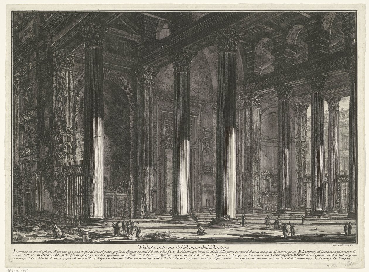 Förportaal av Pantheon i Rom Invändig vy av Pronao del Panteon (titel på objekt) Gezichten op Rome (serietitel) Utsikt över Rom designad och graverad av Giambattista Piranesi-arkitekten Ve (nez) iano (serietitel) av Giovanni Battista Piranesi