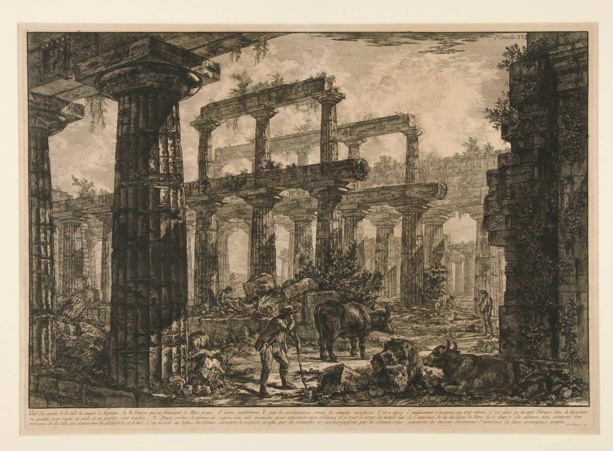 Sett? av resterna av cellan i Neptunus tempel (Vy över resterna av cellan av Neptunus tempel), från olika vyer av Giovanni Battista Piranesi