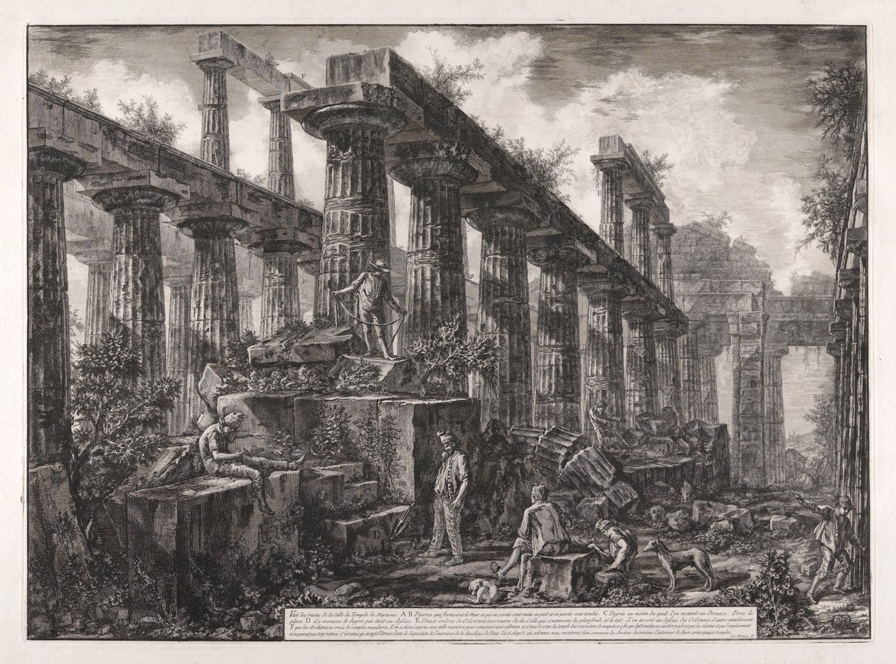 Utsikt över resterna av cellan i Neptunustemplet, från olika vyer av av Giovanni Battista Piranesi