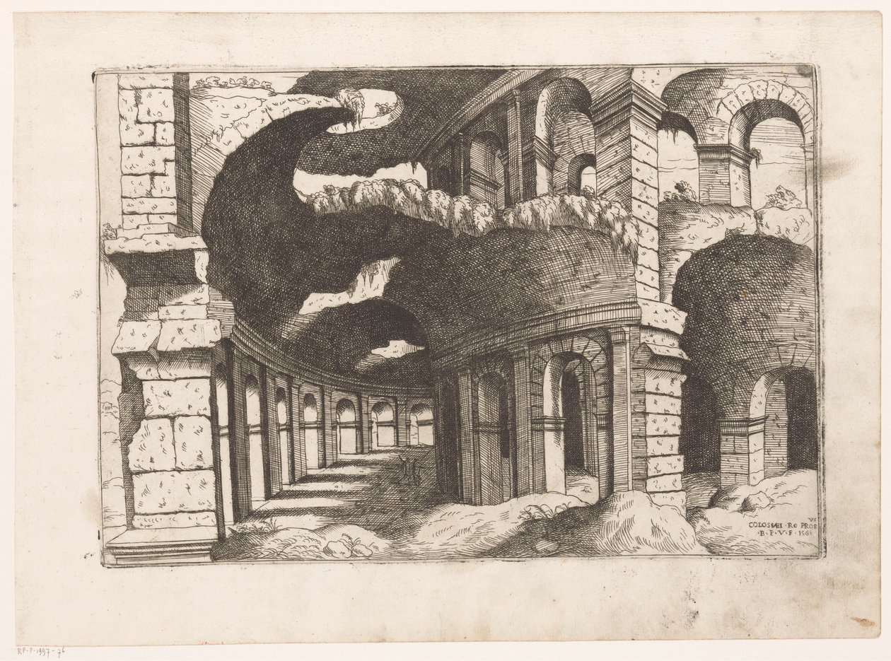 Utsikt i Colosseum i Rom Colossians ro pros.us (titel på objekt) Romerska ruiner (serietitel) Några viktiga monument från den romerska antiken (...) (serietitel) av Giovanni Battista Pittoni (I)