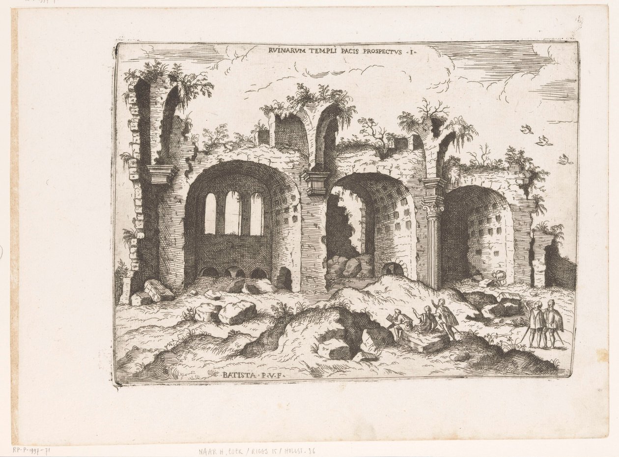 Gezicht op de Basilica van Maxentius i Rom Utsikt över ruinerna av Fredens tempel (titel på objektet) Romerska ruiner (serietitel) Några viktiga monument från den romerska antiken (...) (serietitel) av Giovanni Battista Pittoni (I)