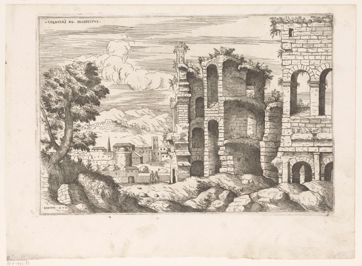 Utsikt över Colosseum och omgivningen i Rom Colosseum ro prospekt (titel på objekt) Romerska ruiner (serietitel) Några viktiga monument från den romerska antiken (...) (serietitel) av Giovanni Battista Pittoni (I)