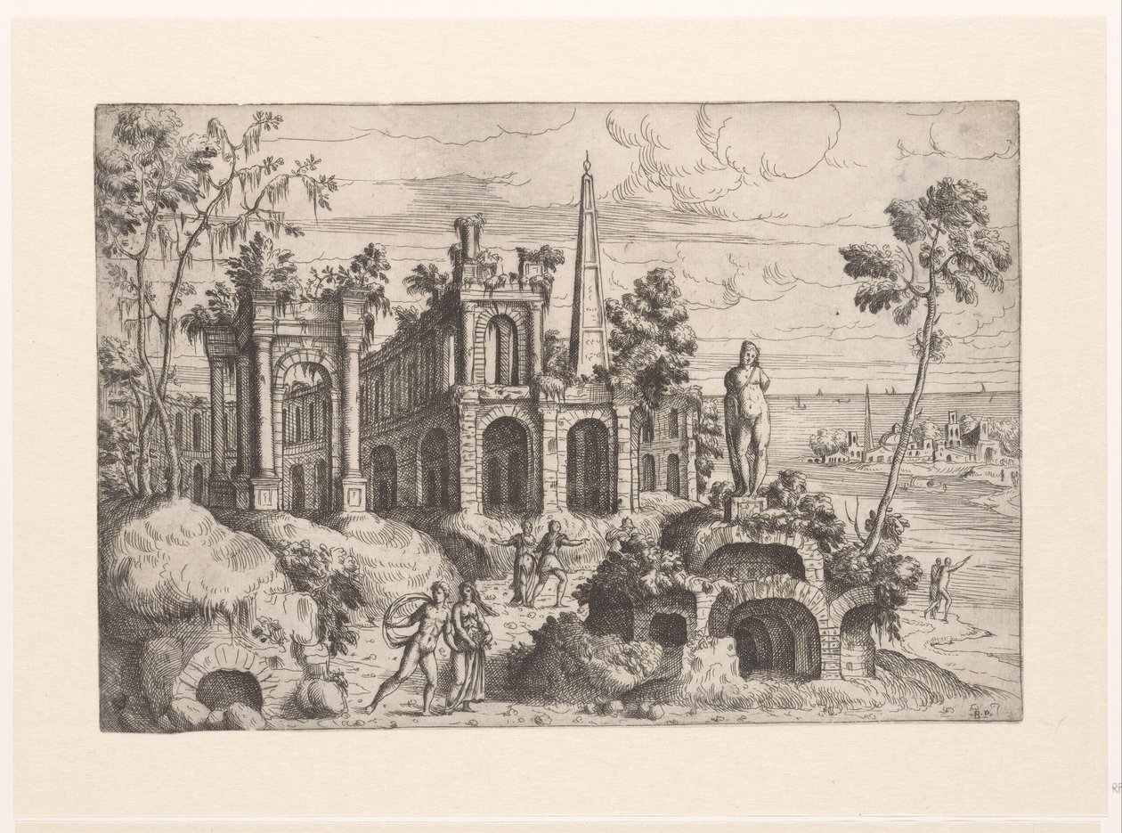 Landskap med antika ruiner, skulptur och obelisk Landskap med ruiner (serietitel) av Giovanni Battista Pittoni (I)