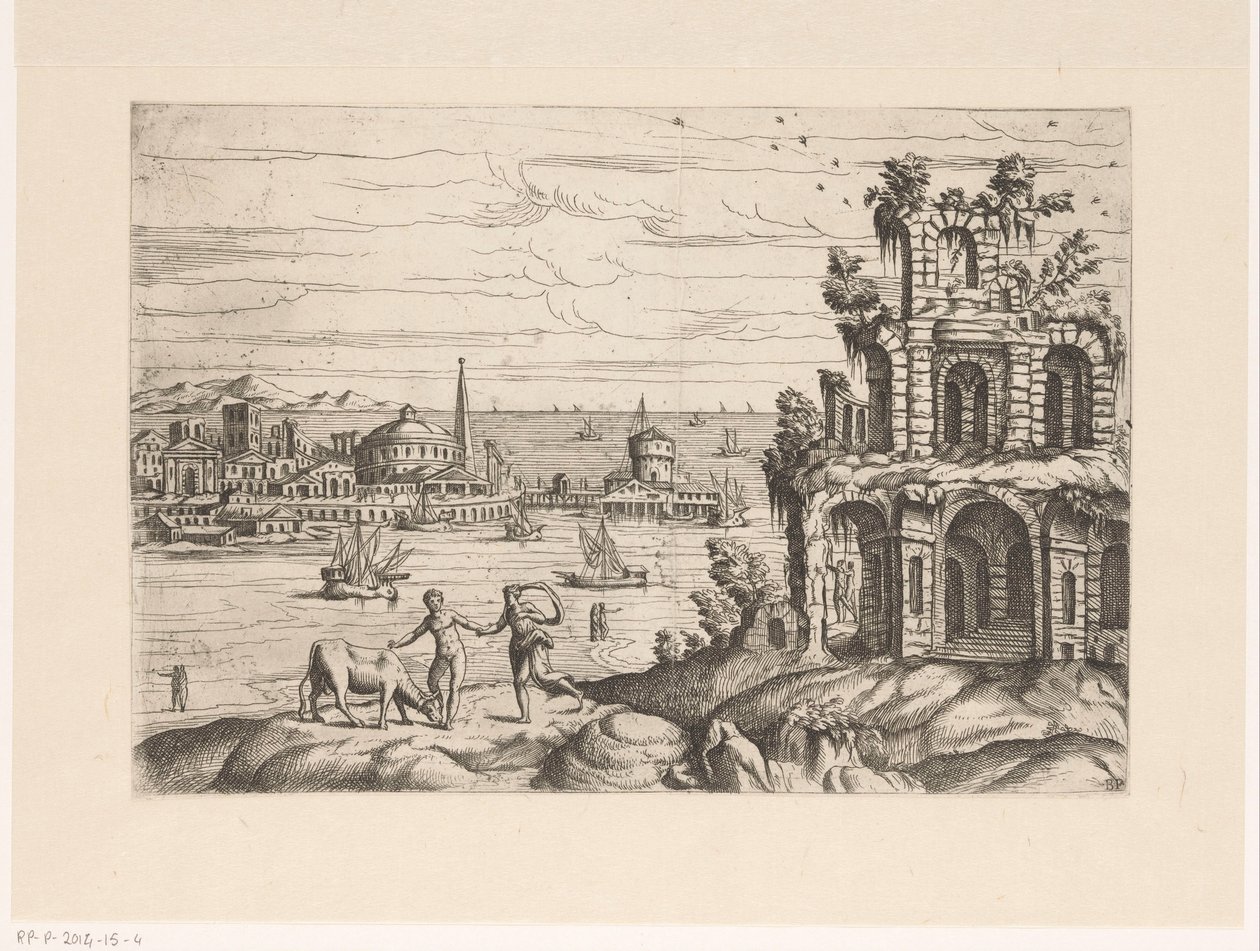 Stadsbild med ruiner och fantasiarkitektur vid vattnet Landskap med ruiner och fantasiarkitektur och figurer i antika och exotiska kläder (serietitel) av Giovanni Battista Pittoni (I)