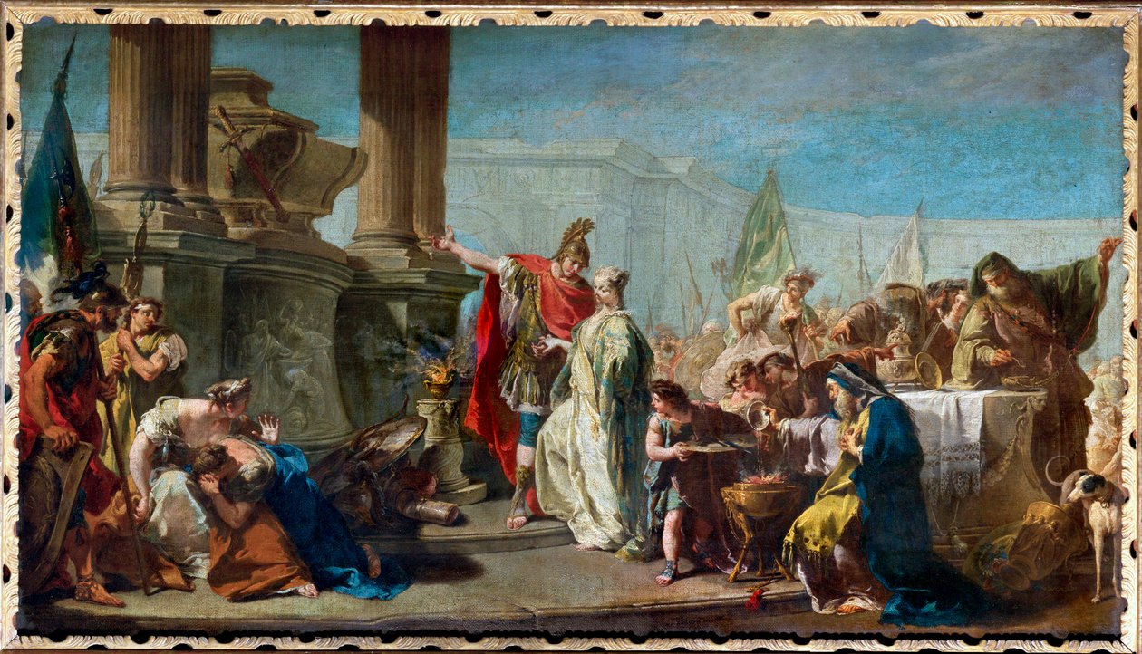 Polyxena, dotter till Priamos, kung av Troja, offras som försoning till den döde Akilles ande... av Giovanni Battista Pittoni