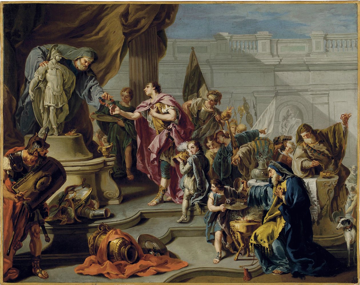 Afrikanen Scipion (Publius Cornelius Scipio Africanus) (235-183 f.Kr.) hyllar guden Mars (Scipio hyllar Mars) - Målning av Giovan Battista Pittoni (1687-1767), olja på duk (71,7x91,1 cm) - Privat samling av Giovanni Battista Pittoni