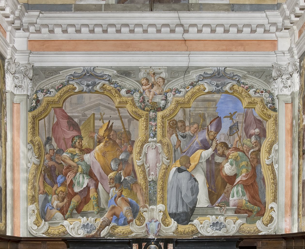 Sankt Ambrosius förvisar kejsaren Theodosius från templet och Theodosius ånger och välsignelse av Giovanni Battista Pozzo