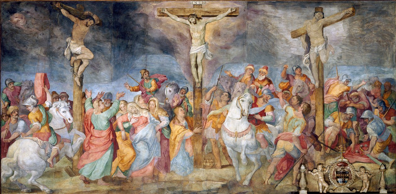 Crucifixion Inri (I.N.R.I.) inskriptionen på korset. På sidorna, representation av den gode tjuven (även kallad Saint Dismas (eller Dysmas, Dimas, Dumas) och den onde tjuven (Gesmas eller Gestas), två tjuvar korsfästa med Jesus Kristus. Fresk av Giovanni B av Giovanni Battista Ricci