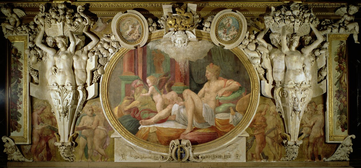 Danae, detalj av dekorativt schema i Francis I:s galleri, 1530-40 fresk av Giovanni Battista Rosso Fiorentino
