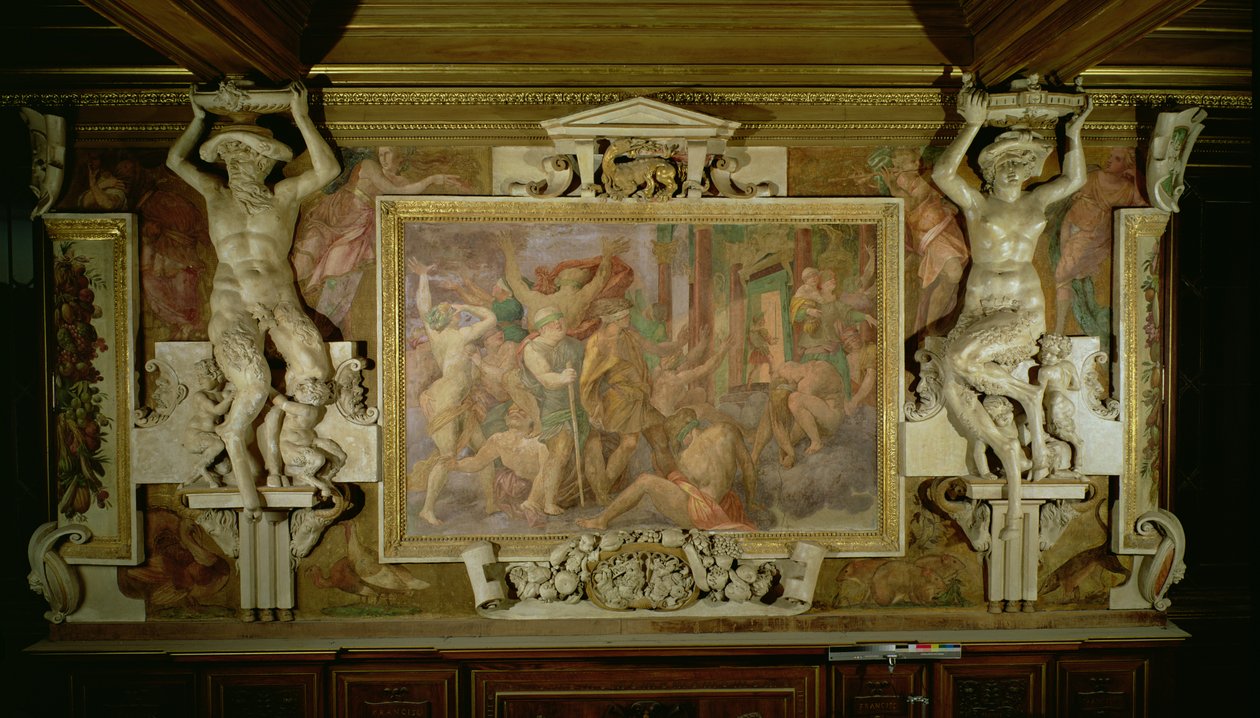 Jagar ut okunnighet, detalj av dekorativt schema i Francis I:s galleri, 1530-40 fresk och stuckatur av Giovanni Battista Rosso Fiorentino