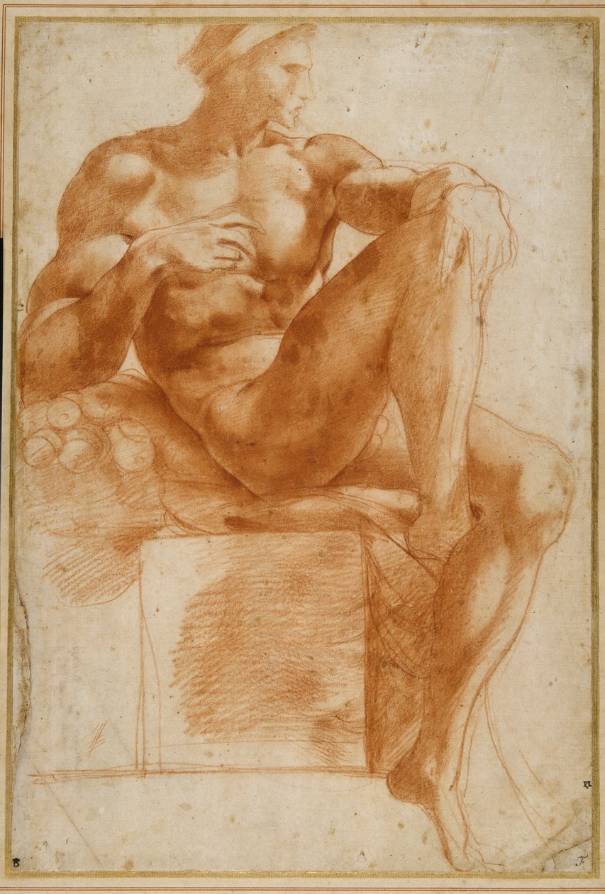 Ignudo på Sixtinska valvet (röd krita på krämpapper) av Giovanni Battista Rosso Fiorentino