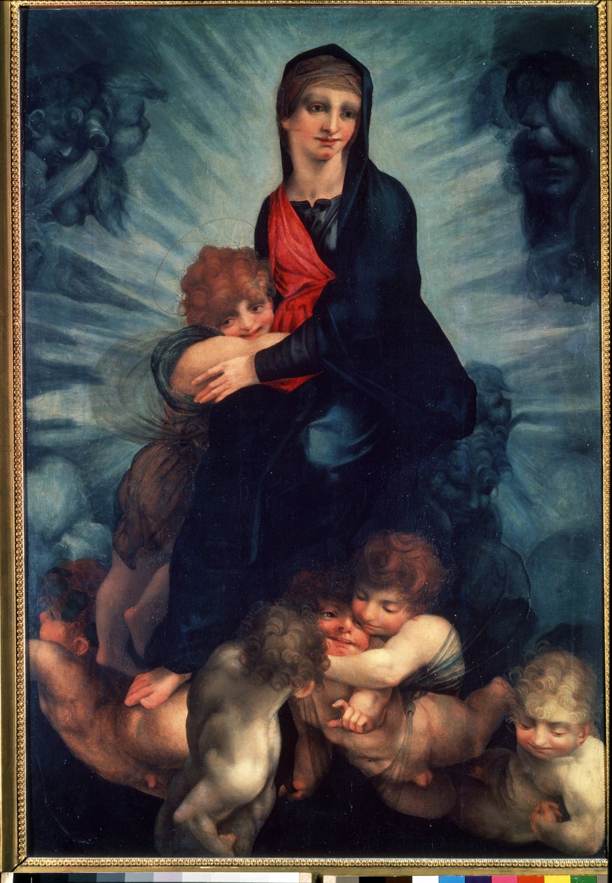 Jungfrun och barnet med änglar (Jungfrun och barnet med änglar). Målning av Fiorentino Rosso (1495-1540). Olja på duk av Giovanni Battista Rosso Fiorentino
