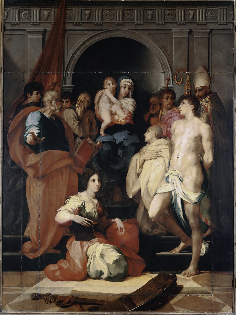 Madonna på tronen har barnet och helgonen (olja på duk av Giovanni Battista Rosso Fiorentino