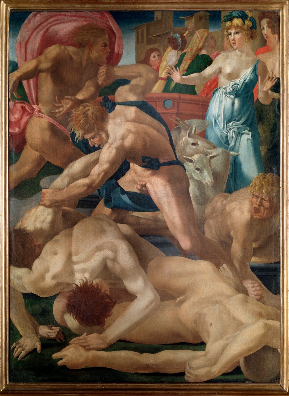 Moses försvarar Jethros döttrar - olja på duk av Giovanni Battista Rosso Fiorentino
