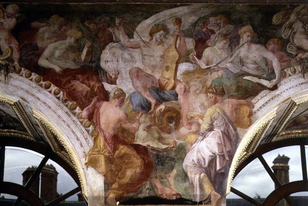 Parnassus, detalj av dekorativt schema i Francis I:s galleri av Giovanni Battista Rosso Fiorentino
