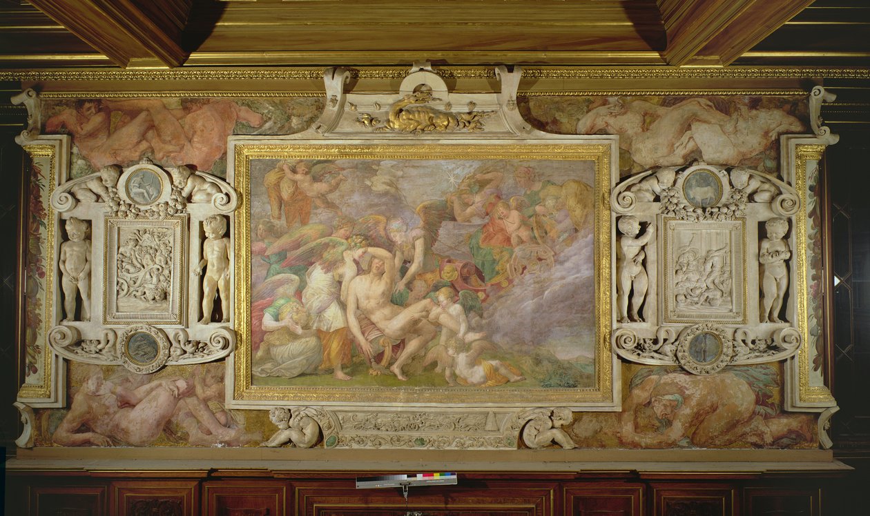 Adonis död, detalj av det dekorativa schemat i Francis I:s galleri, 1530-40 fresk och stuckatur av Giovanni Battista Rosso Fiorentino