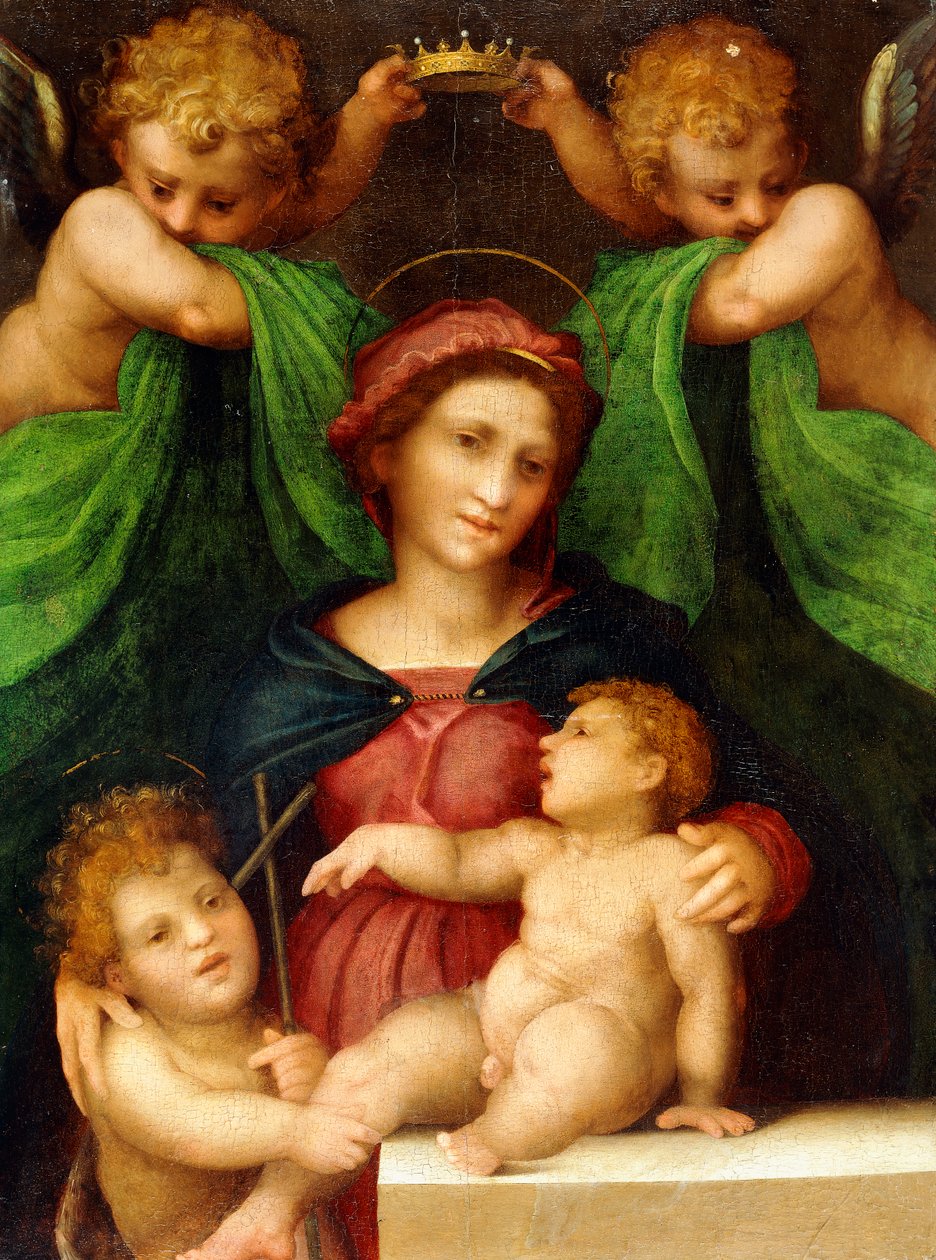 Madonnan och barnet med spädbarnet Johannes Döparen och två änglar, ca 1512 av Giovanni Battista Rosso Fiorentino