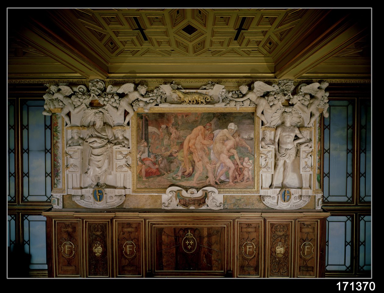 Plundringen av Troja eller Catania, detalj av det dekorativa schemat i Francis I:s galleri (1494-1547) 1535-40 (fresk och stuckatur) av Giovanni Battista Rosso Fiorentino