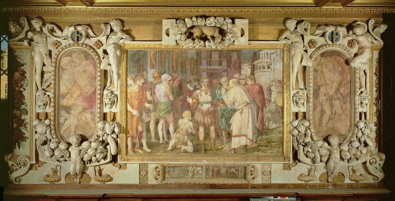 The Unification of the State, detalj av dekorativt schema i Francis I:s galleri, 1530-40 fresk och stuckatur av Giovanni Battista Rosso Fiorentino