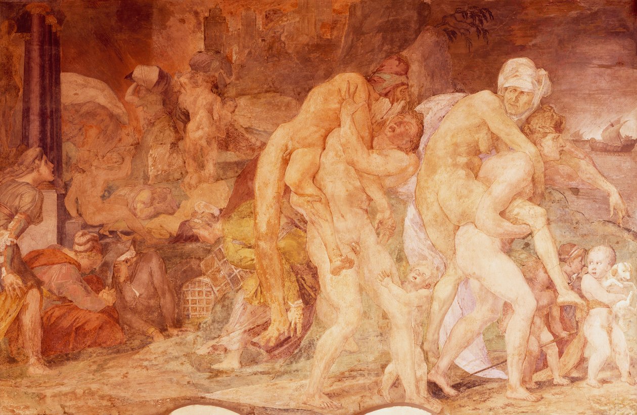 Tvillingarna i Catania, Anfinomo och Anapio, fresk i Francis I:s galleri Chateau de Fontainebleau, Frankrike (ett världsarv av UNESCO av Giovanni Battista Rosso Fiorentino
