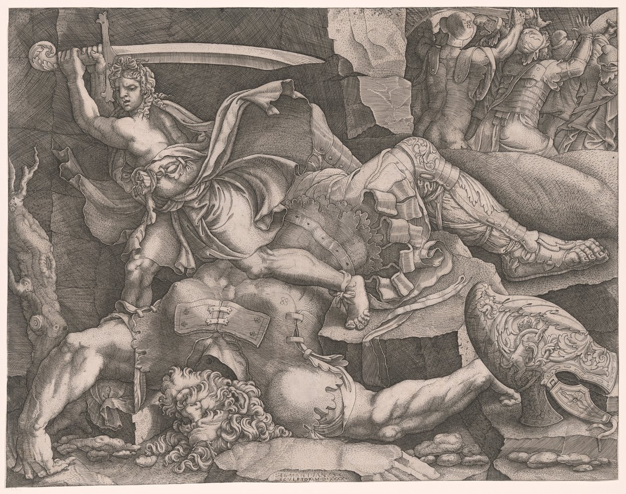 David hugger av Goliat huvudet av Giovanni Battista Scultori