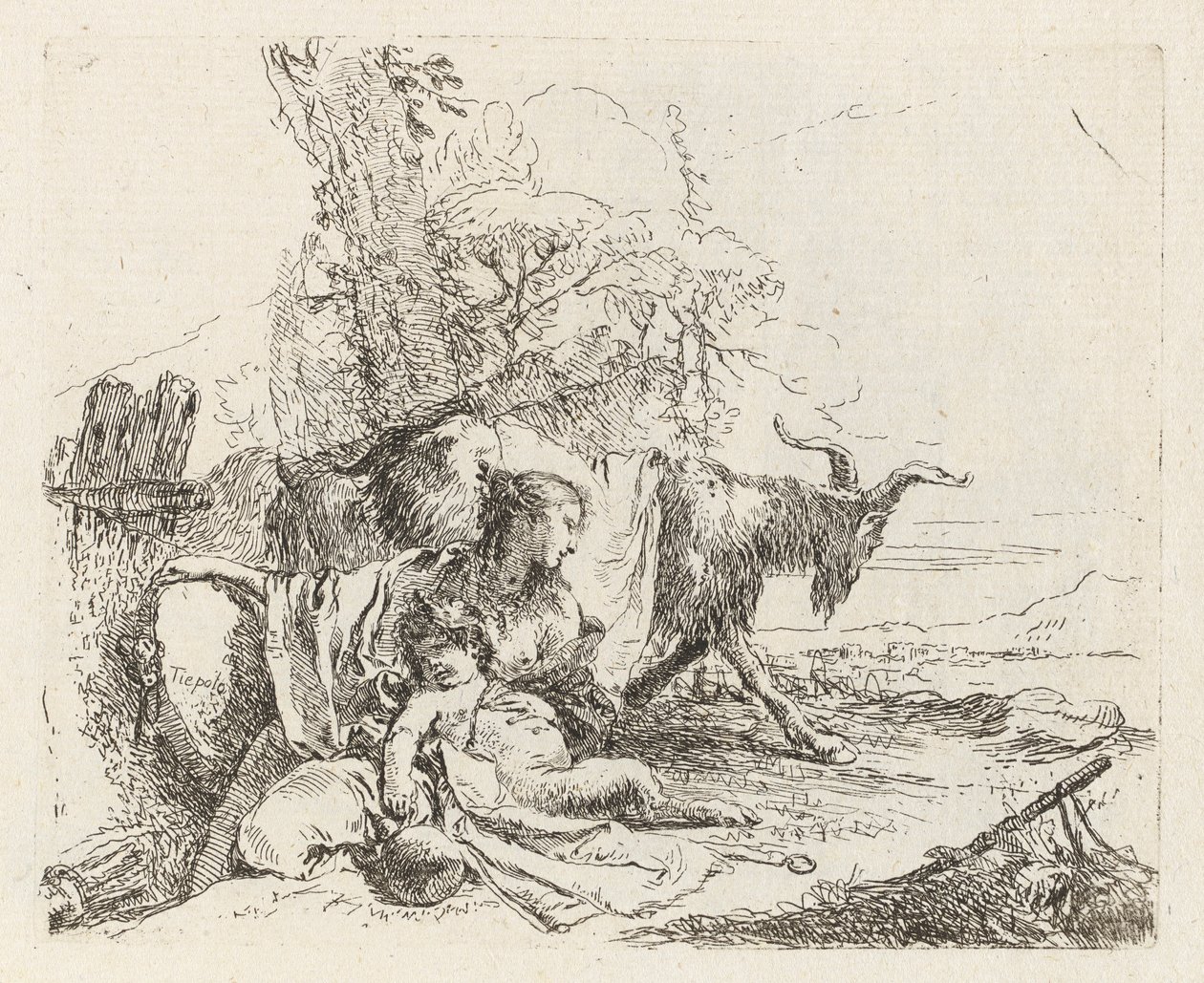 En nymf med en liten satyr och två getter, från Vari capricci (Various Capriccios) av Giovanni Battista Tiepolo