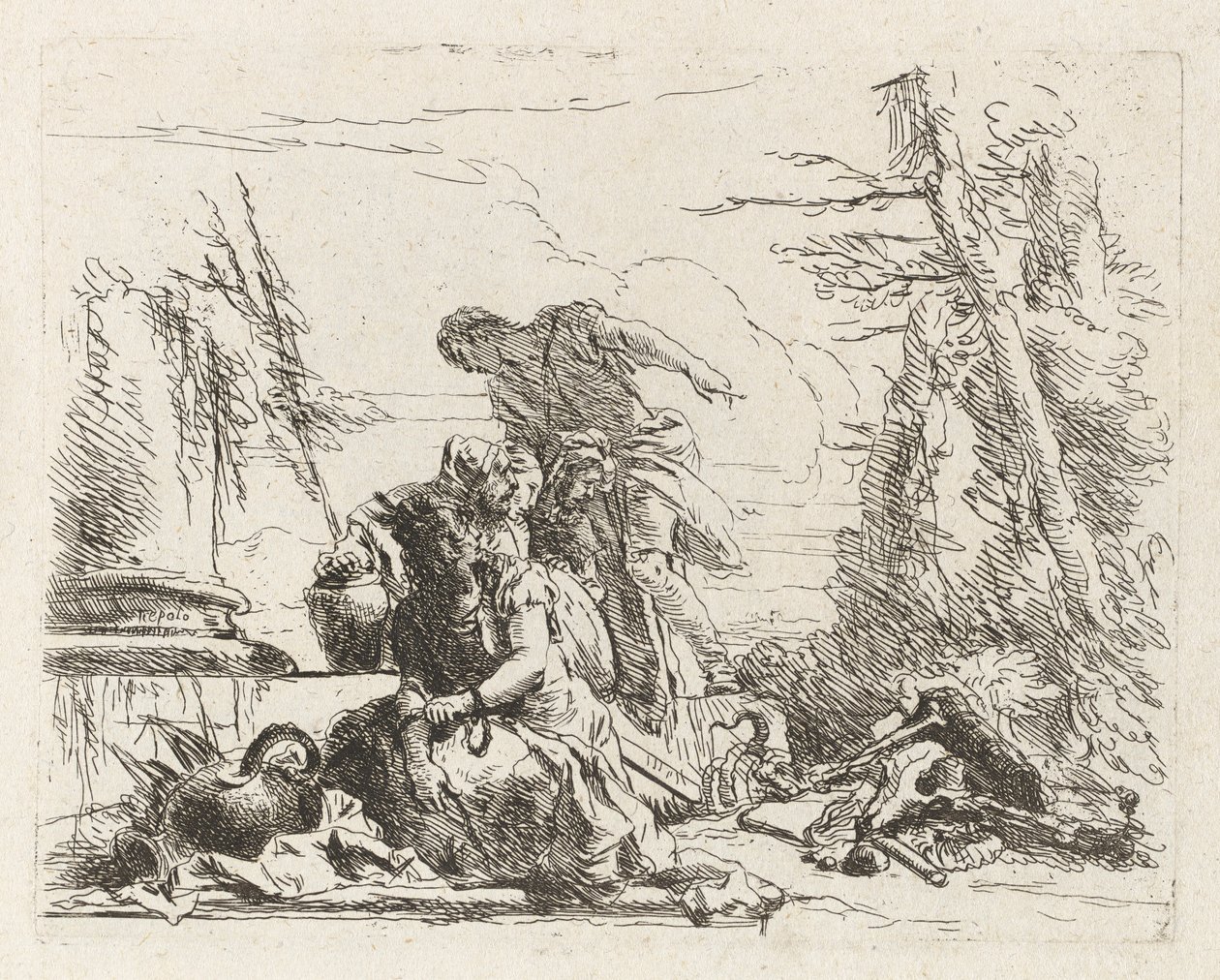En kvinna med armarna i kedjor och fyra andra figurer, från Vari capricci (Various Capriccios) av Giovanni-Battista Tiepolo