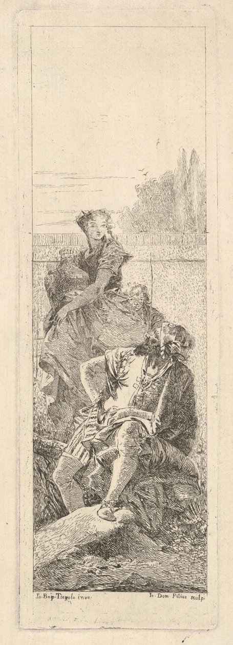 En skäggig, sittande man tittar över sin högra axel mot ett barn och en kvinna som bär..., ca. 1750-55. av Giovanni Battista Tiepolo
